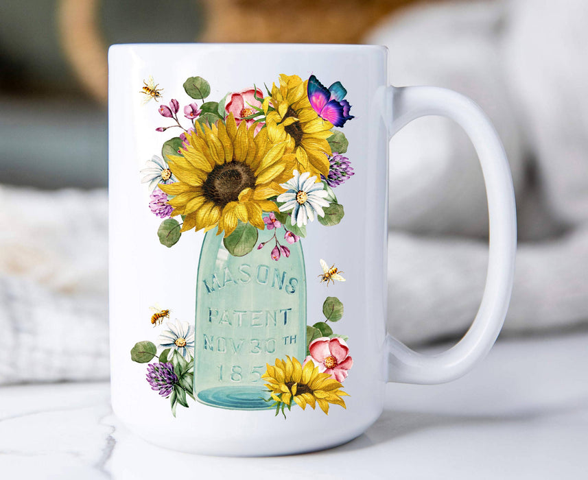 Country Mason Jar Sunflowers 15 oz Coffee Mug