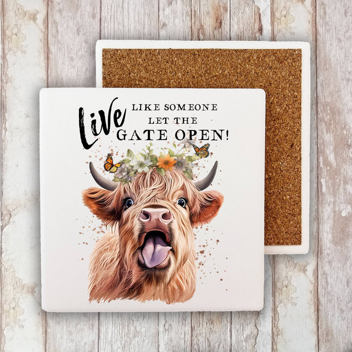 Highland Cow Life Life Gate Open Stone Coaster