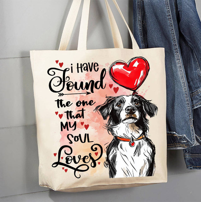 Dog Border Collie Found My Love Valentine Canvas Tote Bag