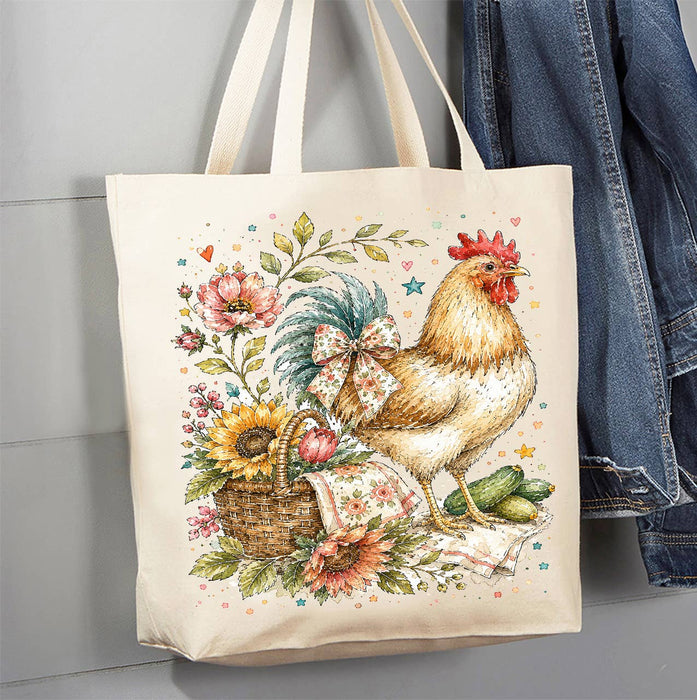 Whimsical Country Hen Flowers Canvas Tote Bag