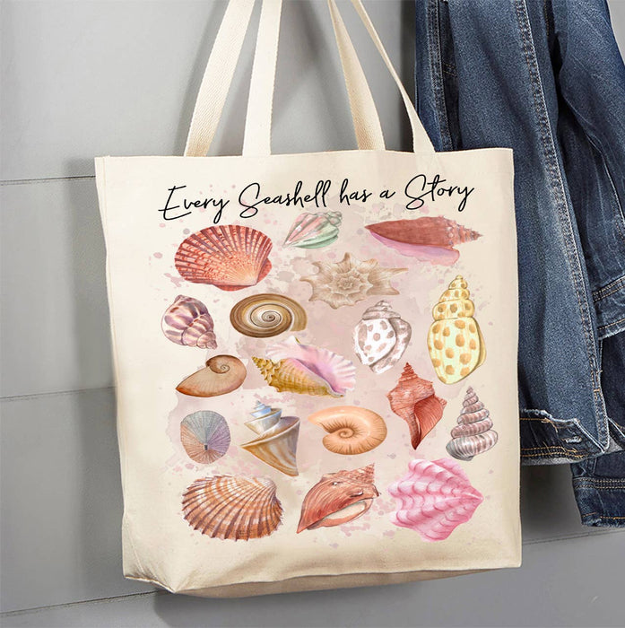 Seashells Has a Story Coastal Beach Canvas Tote Bag