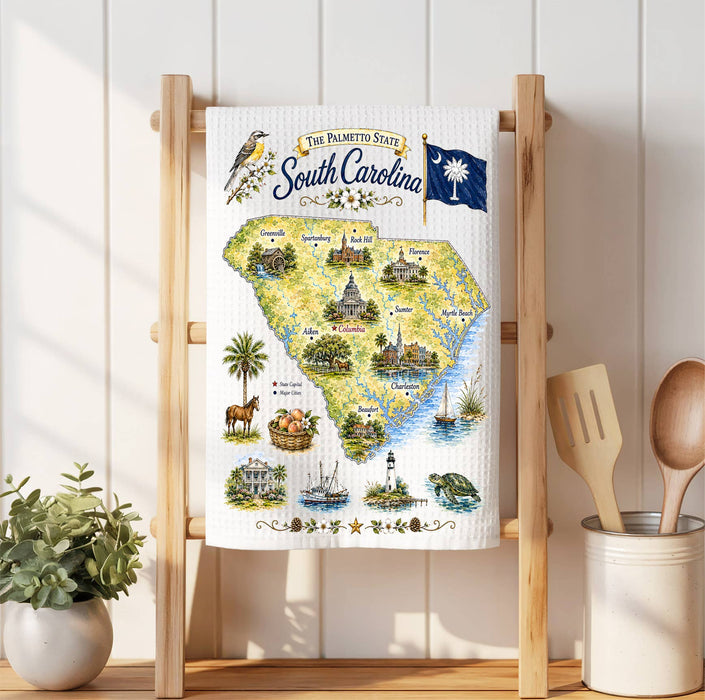 South Carolina State Map Landmark Waffle Weave Towel