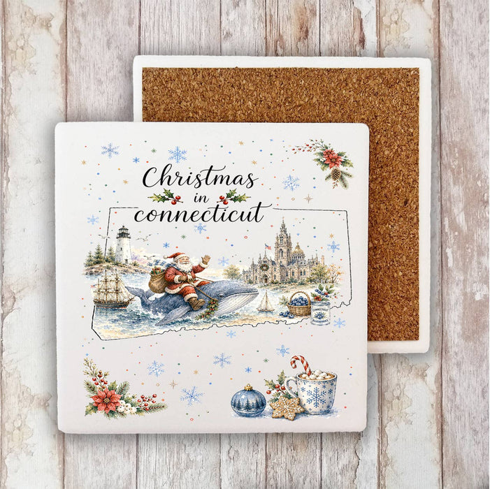 Christmas in Connecticut State Map Stone Coaster