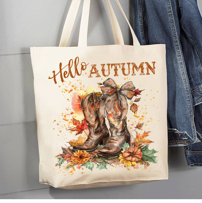 Hello Autumn Fall Cowboy Boots Canvas Tote Bag
