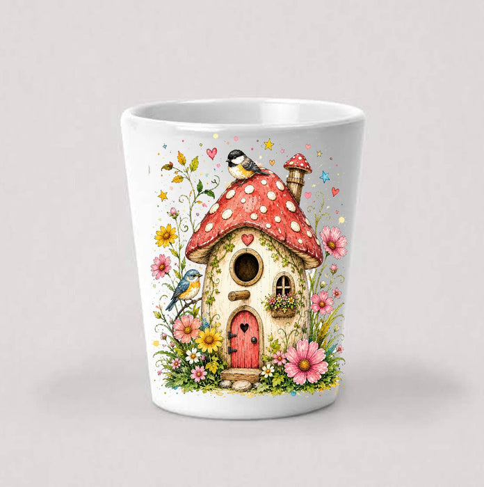 Mushroom Birdhouse Flowers Shot Glass
