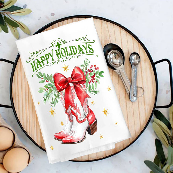 Christmas Happy Holidays Cowboy Boot Tea Towel