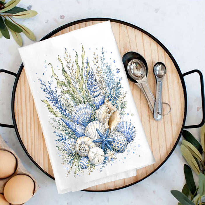 Coastal Blue Sea Shells Bouquet Tea Towel