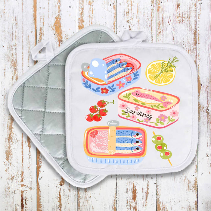 Cute Sardines in Tin fish Coastal Pot Holder Oven Mitt