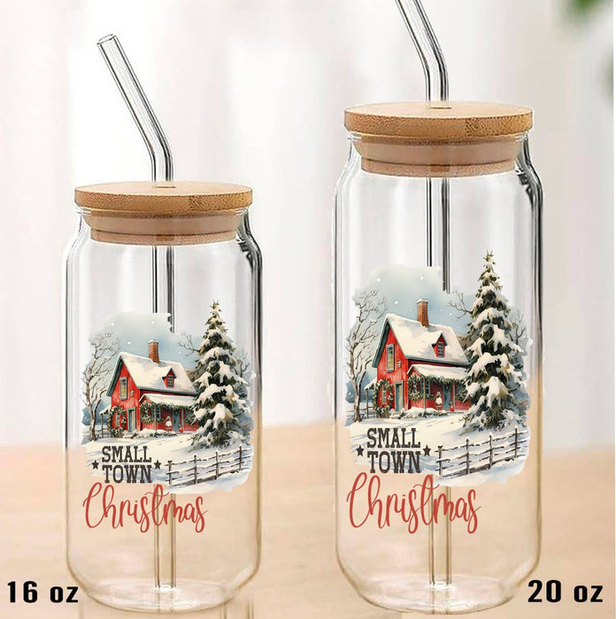 Small Town Christmas Can Glass with Lid Straw
