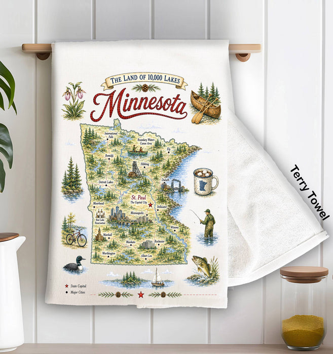 Minnesota State Map Landmark Kitchen Terry Towel