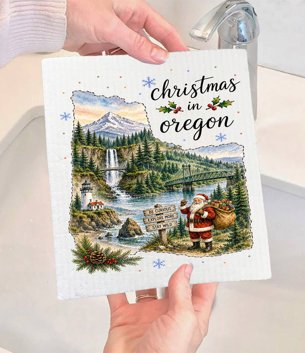 Christmas in Oregon State Map Swedish Dishcloth