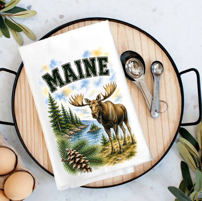 Maine State Bird and Animal Tea Towel