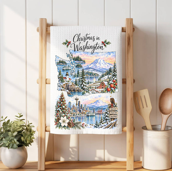 Christmas in Washington State Map Waffle Weave Towel