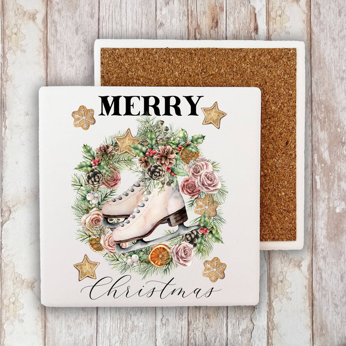Merry Christmas Ice Skating Wreath Stone Coaster