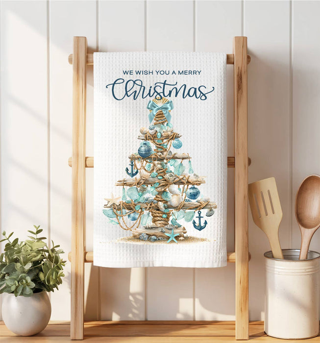 Coastal Christmas Sea Glass Tree Waffle Weave Towel