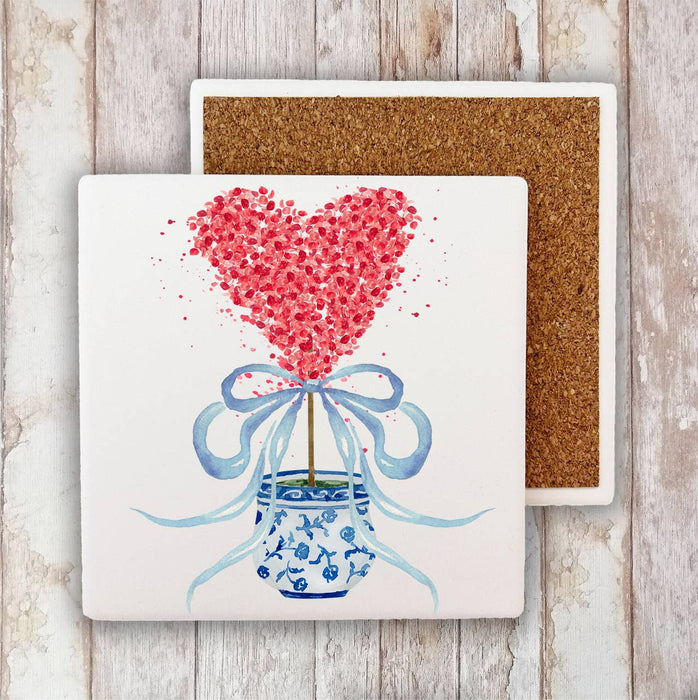 Chinoiserie Blue & White Hearts Topiary Stone Coaster
