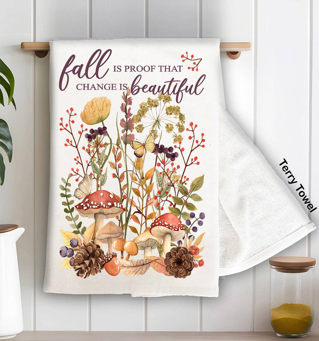 Fall is Beautiful Wildflower Mushroom  Kitchen Terry Towel