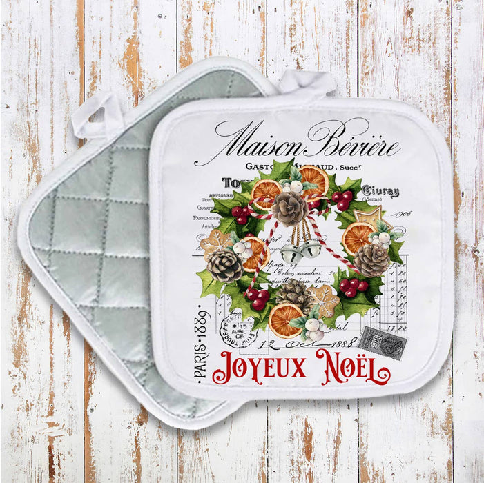 Joyeux Noel Christmas Wreath Pot Holder Oven Mitt