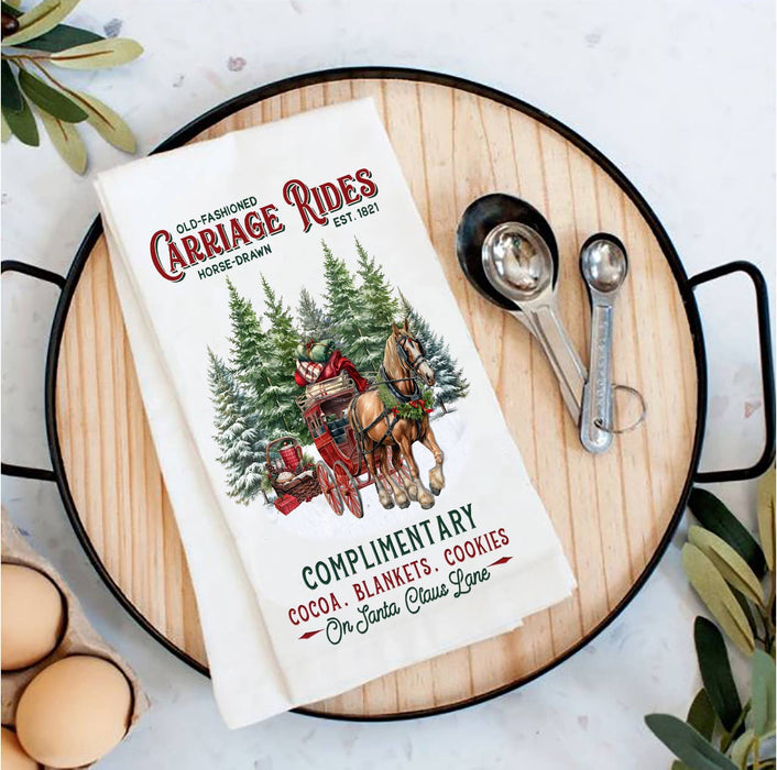 Christmas Carriage Rides Horses Tea Towel