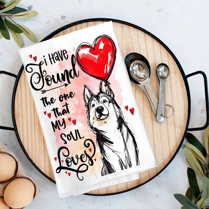 Dog Husky Found My Love Valentine Tea Towel