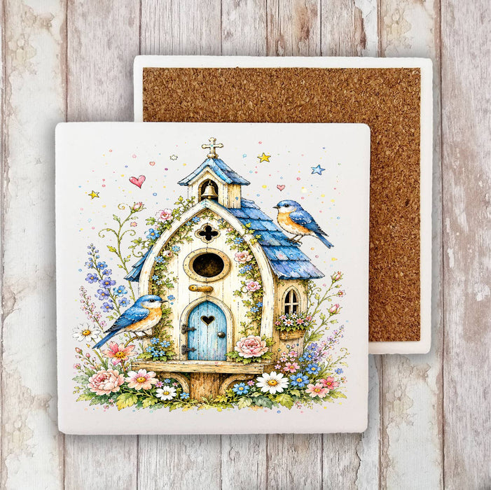 Watercolor Birdhouse Blue Flowers Stone Coaster