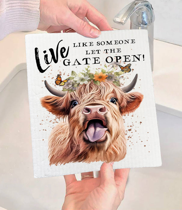 Highland Cow Life Life Gate Open SWEDISH DISH CLOTH