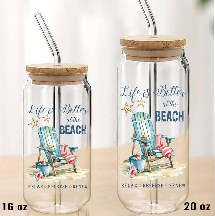 Coastal Life is Better at the Beach Can Glass with Lid Straw