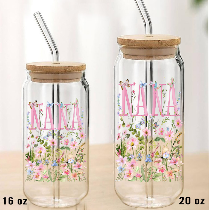 Mother's Day Wild Flowers Nana Can Glass with Lid Straw