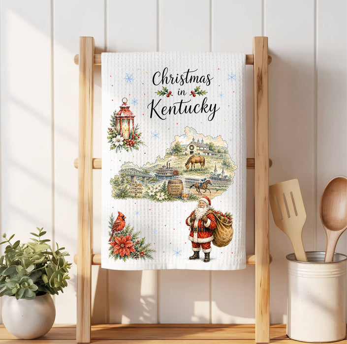 Christmas in Kentucky State Map Waffle Weave Towel