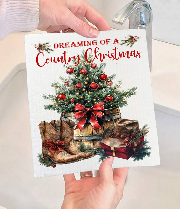 Country Christmas Western Cowboy Boots Swedish Dishcloth