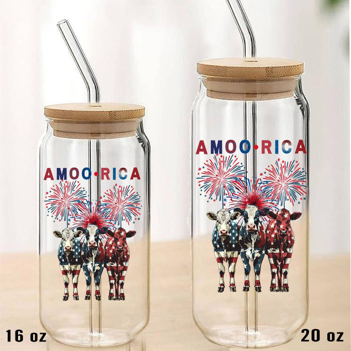 Patriotic Cow Amoo-rica Can Glass with Lid Straw