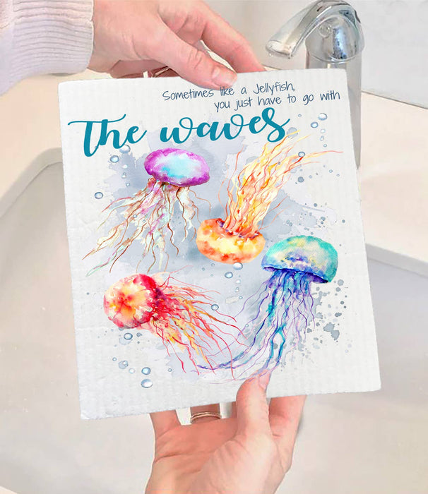 Jellyfish Go with the Waves Ocean Swedish Dishcloth