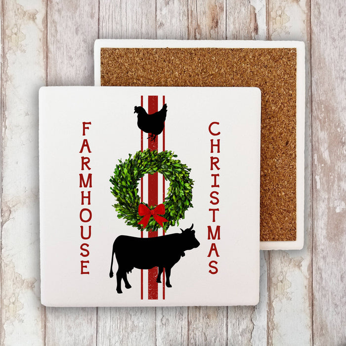 Farmhouse Christmas Wreath Chicken Cow, Stone Coaster