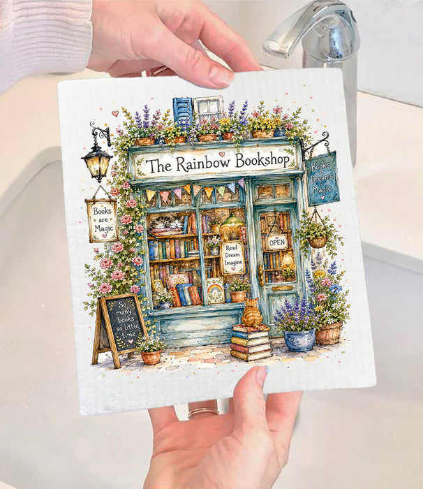 Whimsical Bookstore Bookshop Swedish Dishcloth