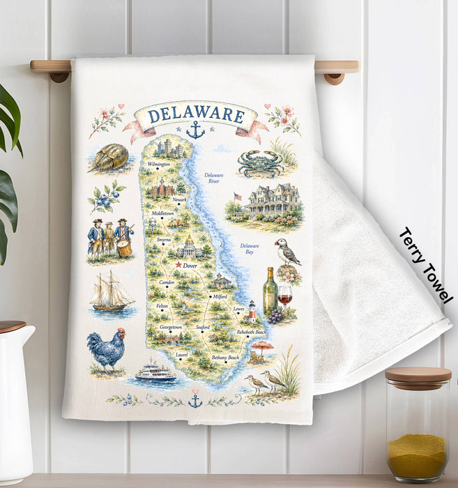 Delaware State Map Landmark Kitchen Terry Towel