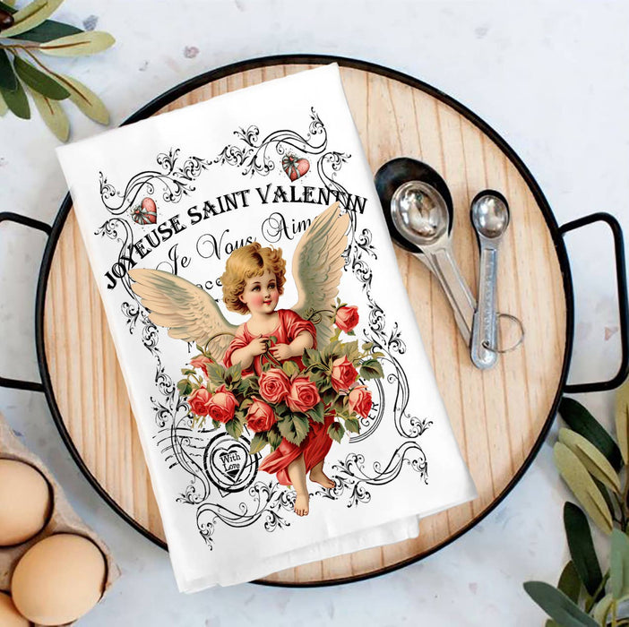 Valentine Cupid Angel Vintage French Tea Towel