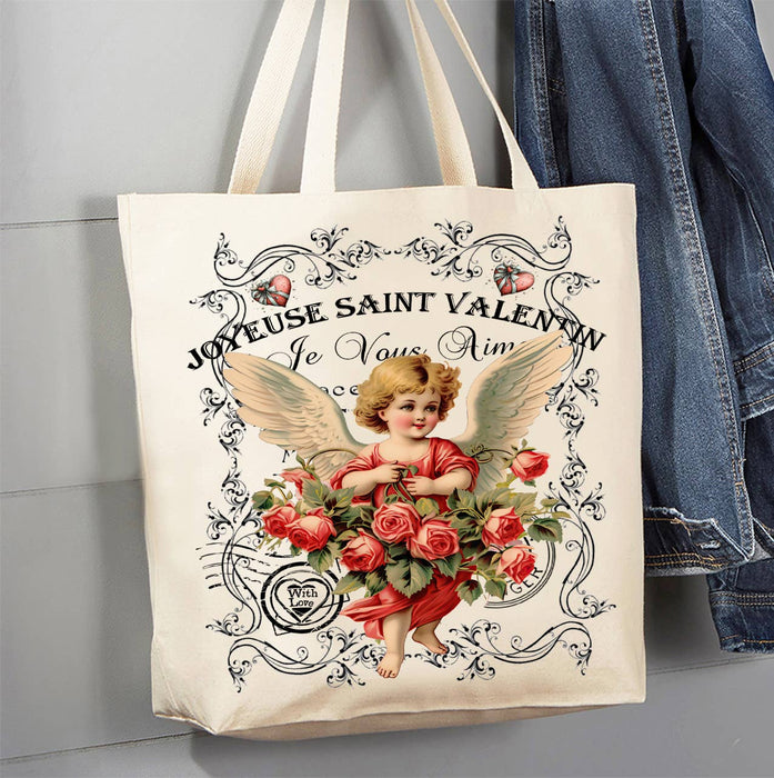 Valentine Cupid Angel Vintage French Canvas Tote Bag
