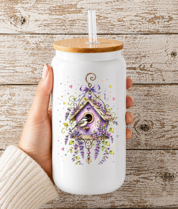 Lavender Whimsical Birdhouse Glass Cup