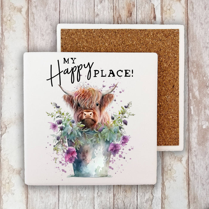 Highland Cow My Happy Place Stone Coaster