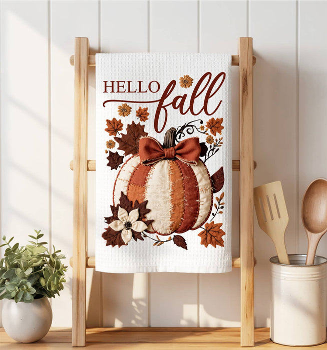 Hello Fall Quilted Pumpkin  Waffle Weave Towel