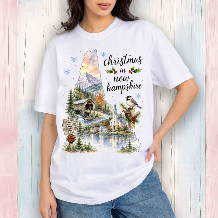 Christmas in New Hampshire State Map T-Shirt