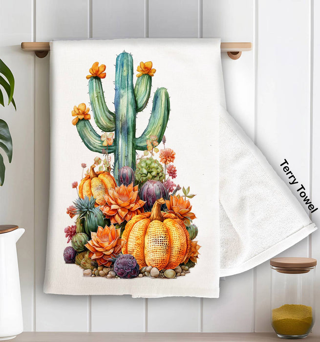 Fall Pumpkin Saratoga Cactus Flowers  Kitchen Terry Towel