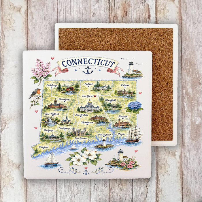 Connecticut State Map Landmark Stone Coaster