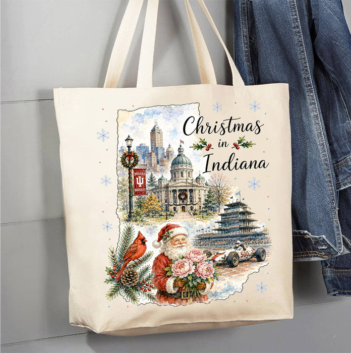 Christmas in Indiana State Map Canvas Tote Bag
