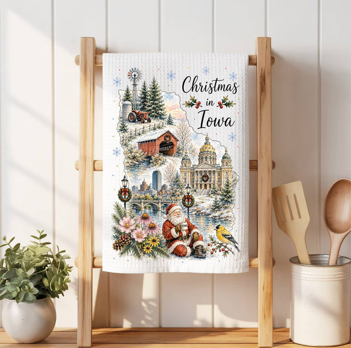 Christmas in Iowa State Map Waffle Weave Towel