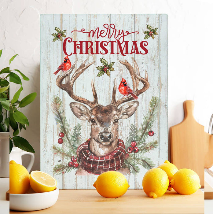 Christmas Reindeer Red Cardinals Glass Cutting Board