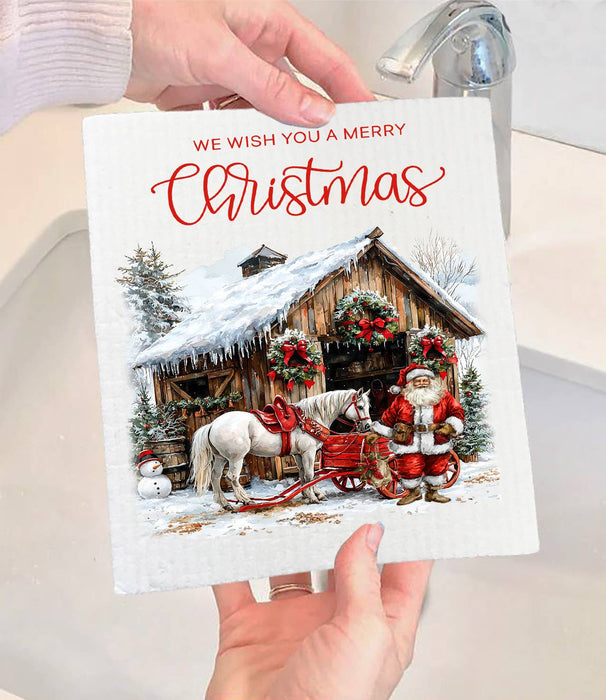 Merry Christmas Horse Barn Santa Swedish Dishcloth