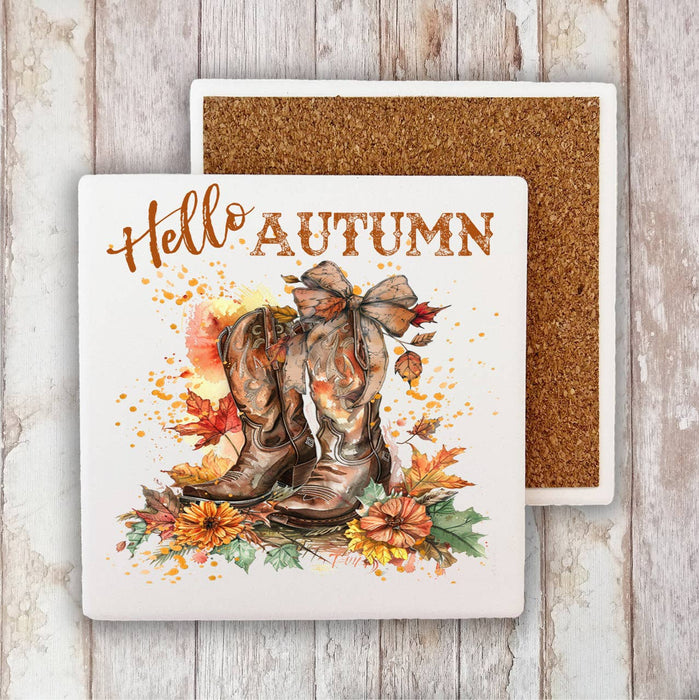 Hello Autumn Fall Cowboy Boots Stone Coaster