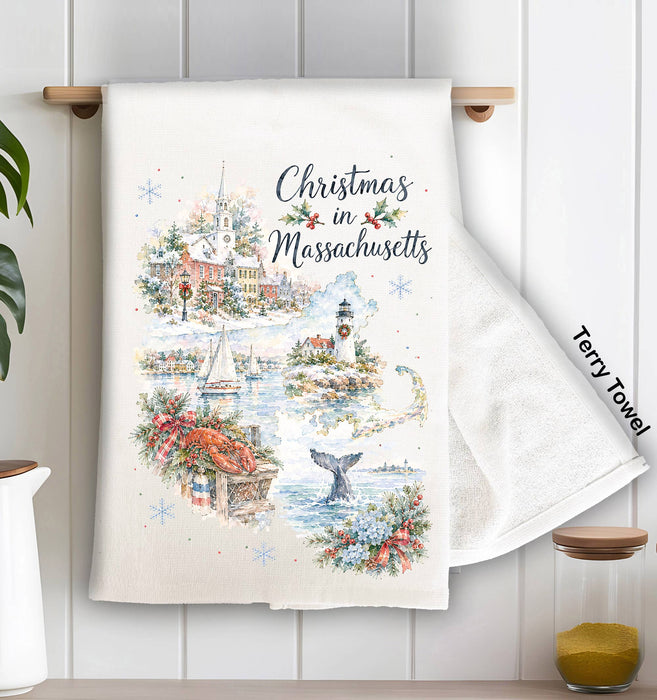 Christmas in Massachusetts State Map Kitchen Terry Towel