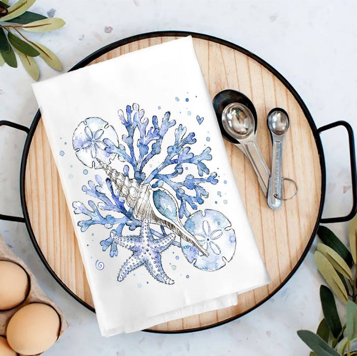 Coastal Blue Sand Dollar Sea Shells Tea Towel